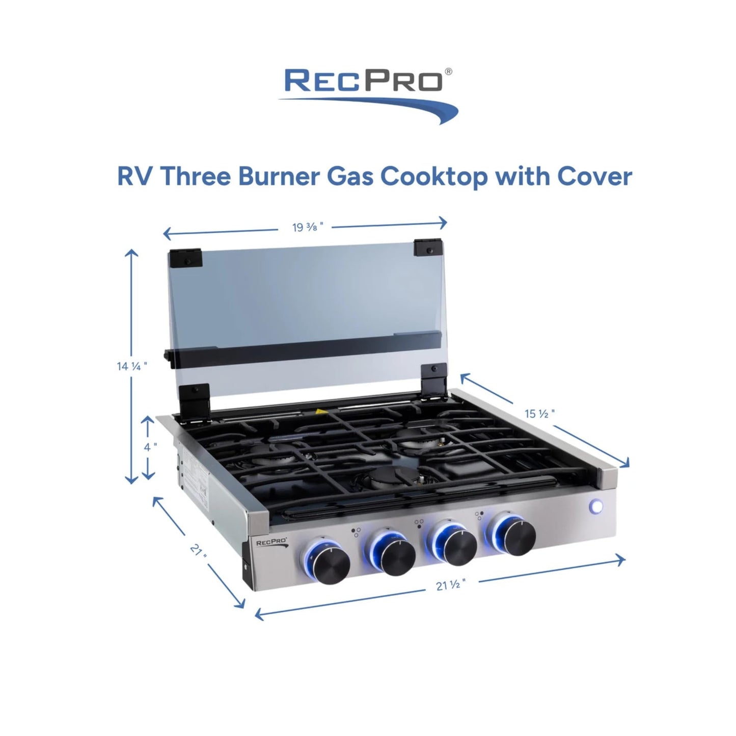 RecPro RV Built In Gas Cooktop | 2 Burner or 3 Burner | RV Cooktop Stove | 6,500 and 8,000 BTU Burners | Cover Included (Stainless Steel, 3-Burner)