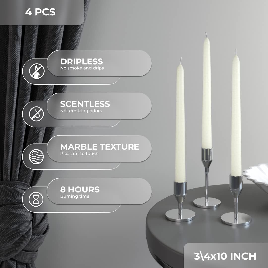 CANDWAX Ivory Taper Candles 10 inch Dripless - Set of 4 Tapered Candles - Smokeless and Unscented Taper Candlesticks Long Burning - Hand Poured Tall Candle Sticks