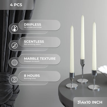 CANDWAX Ivory Taper Candles 10 inch Dripless - Set of 4 Tapered Candles - Smokeless and Unscented Taper Candlesticks Long Burning - Hand Poured Tall Candle Sticks