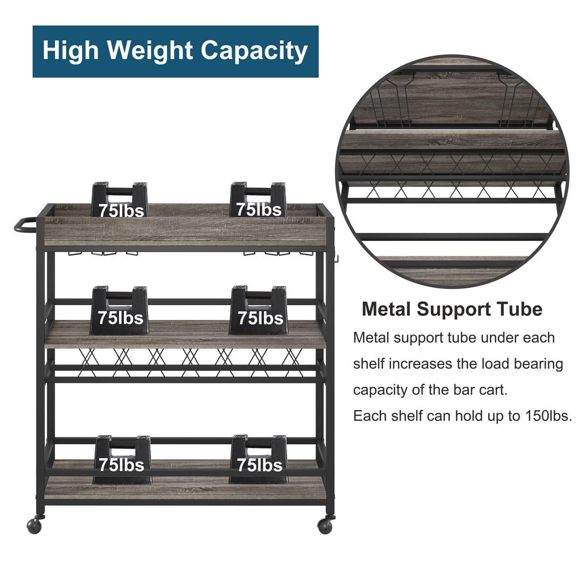 BON AUGURE Bar Cart, Home Bar Serving Cart on Wheels, Mobile 3 Tier Liquor Beverage Carts with Wine Rack and Glass Holder (Grey Oak)