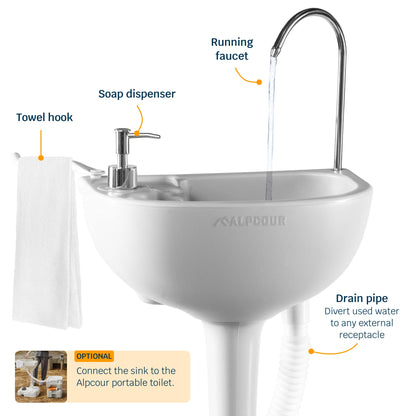 Alpcour Portable Camping Sink – Indoor/Outdoor Travel Hygiene Station with Basin, Running Faucet, Soap Dispenser, Towel Rack, Drain Hose, Hands-Free Foot Pump, Stakes & Carry Bag – 17L Water Capacity