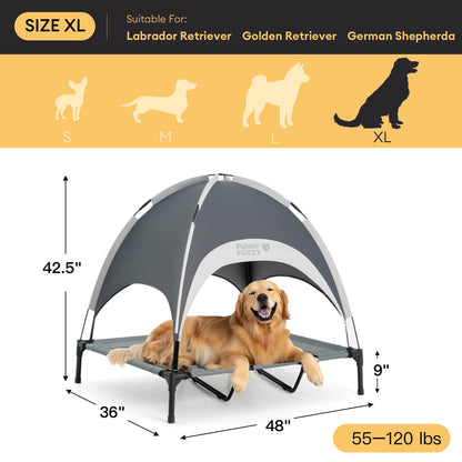 FUNNY FUZZY Elevated Dog Bed with Canopy,Grey, X-Large(48"x36"x9")–Outdoor Pet Cot with UV Protection, Breathable Mesh for Cooling, Indoor & Outdoor Use for Dogs up to 120 lbs