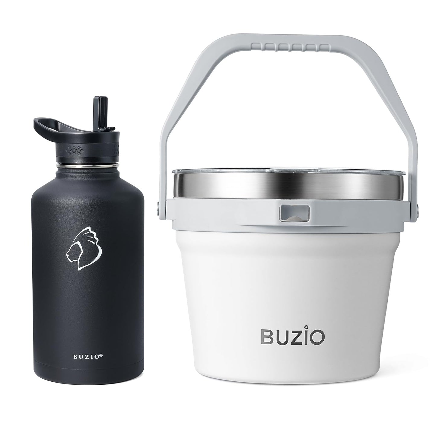 BUZIO 64 oz Water Bottle Insulated with Straw & 3 lid, 7.4 Qt/7 L Insulated Ice Bucket with Lid and Scoop & Tongs for Parties, Double Wall Vacuum Stainless Steel, Holds 6 Longnecks or 3 Wine Bottles,