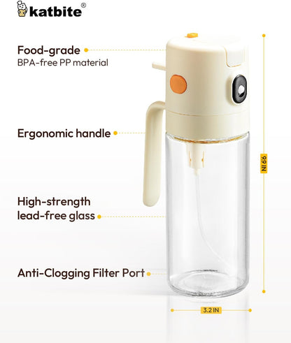 Katbite Olive Oil Dispenser Bottle - 2-in-1 Glass Oil Bottle & Sprayer | Non-Drip Leak-Proof Design, 18.6 oz, Cream White