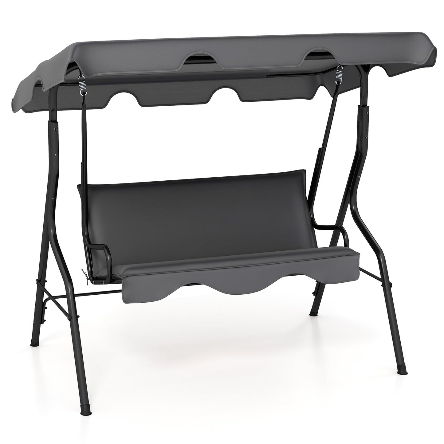 HAPPYGRILL 3-Person Patio Swing Chair, Outdoor Swing Glider with Adjustable Canopy and Removable Cushion, Porch Swing with Stand for Garden and Backyard, (Grey)