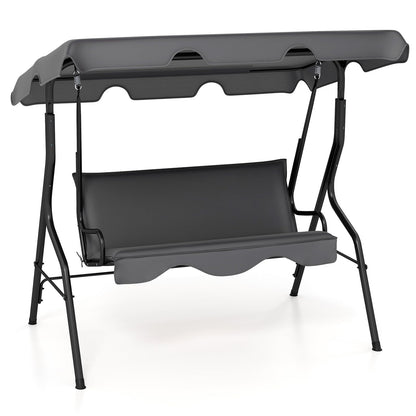 HAPPYGRILL 3-Person Patio Swing Chair, Outdoor Swing Glider with Adjustable Canopy and Removable Cushion, Porch Swing with Stand for Garden and Backyard, (Grey)