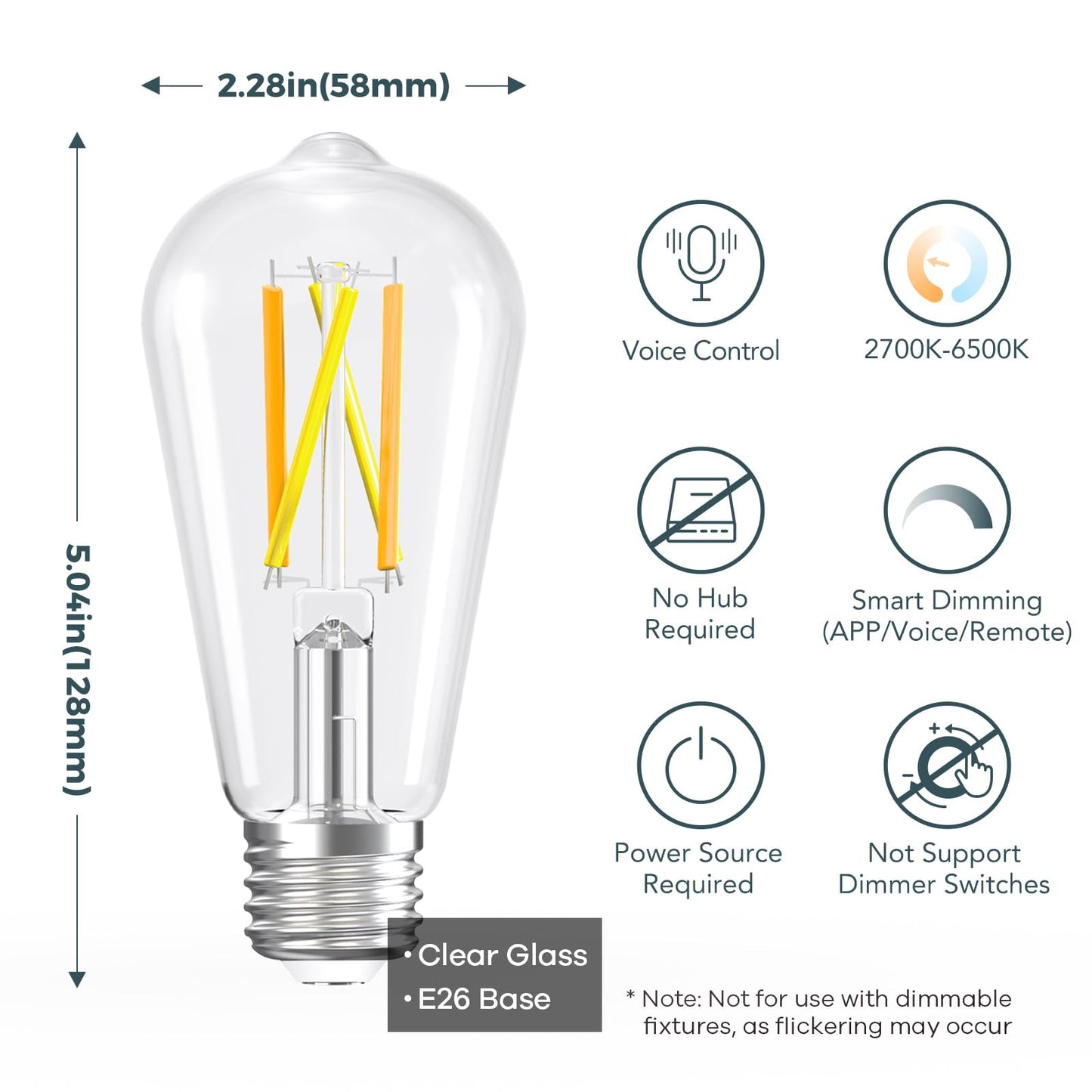 Linkind E26 Smart Edison Bulbs, 2700K-6500K Tunable WiFi Edison Bulbs with Remote Control, 8W 60W Equivalent Dimmable ST19 (ST58) Vintage Light Bulbs 800lm, Compatible with Alexa & Google Home, 4-Pack