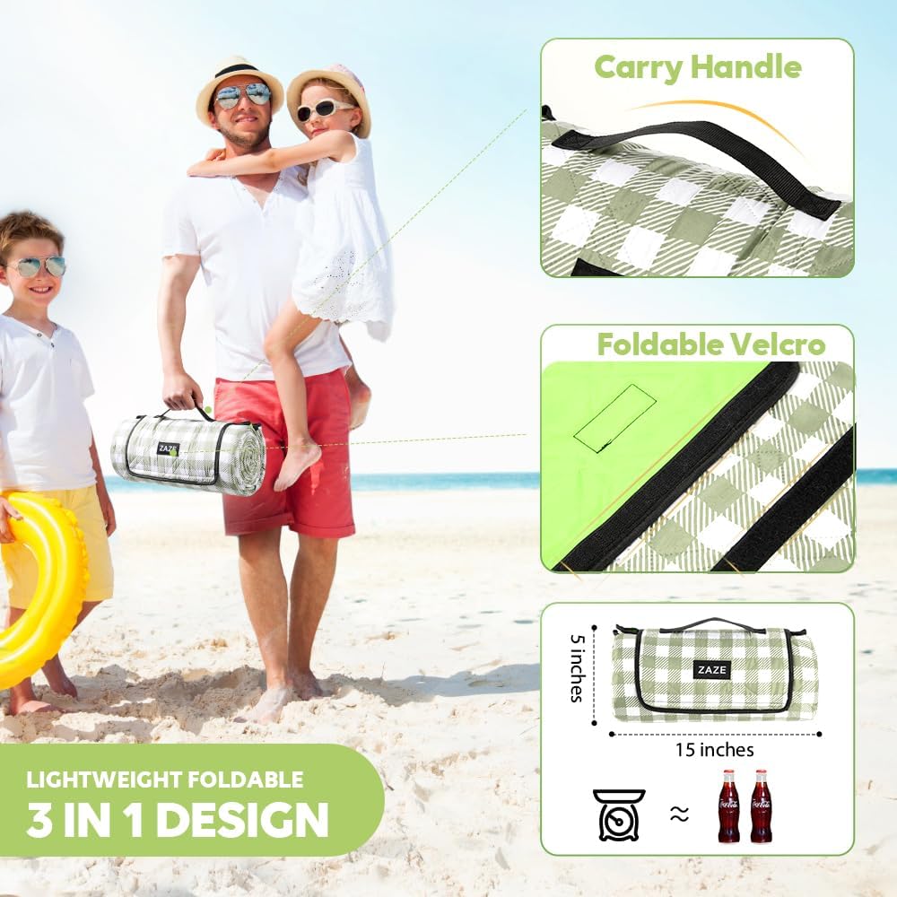 ZAZE Extra Large Waterproof Picnic Blanket - 80''x80'' Gingham Mat for Beach & Camping | Green & White