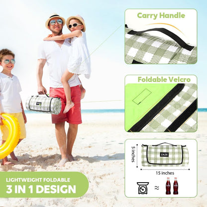 ZAZE Extra Large Waterproof Picnic Blanket - 80''x80'' Gingham Mat for Beach & Camping | Green & White