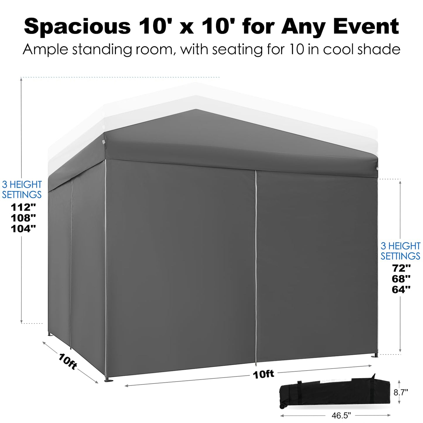GAFETE 10X10 Comercial Instant Pop Up Canopy Tent with 4 Sidewalls, One Push Setup Center Lock, Portable Sun Shade Shelter for Beach Patio Outdoor Events, Case, 8 Stakes, 4 Ropes, 4 Sandbags (Gray)