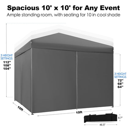 GAFETE 10X10 Comercial Instant Pop Up Canopy Tent with 4 Sidewalls, One Push Setup Center Lock, Portable Sun Shade Shelter for Beach Patio Outdoor Events, Case, 8 Stakes, 4 Ropes, 4 Sandbags (Gray)
