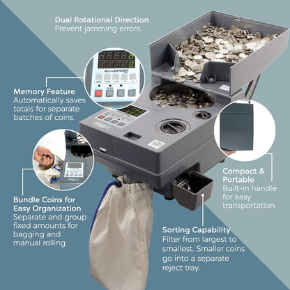 AccuBANKER AB610 USD Coin Counter, Token Counter, International Coins Counter, Speeds of 2,000 Coins/Min, Hopper Capacity 4000 Coins