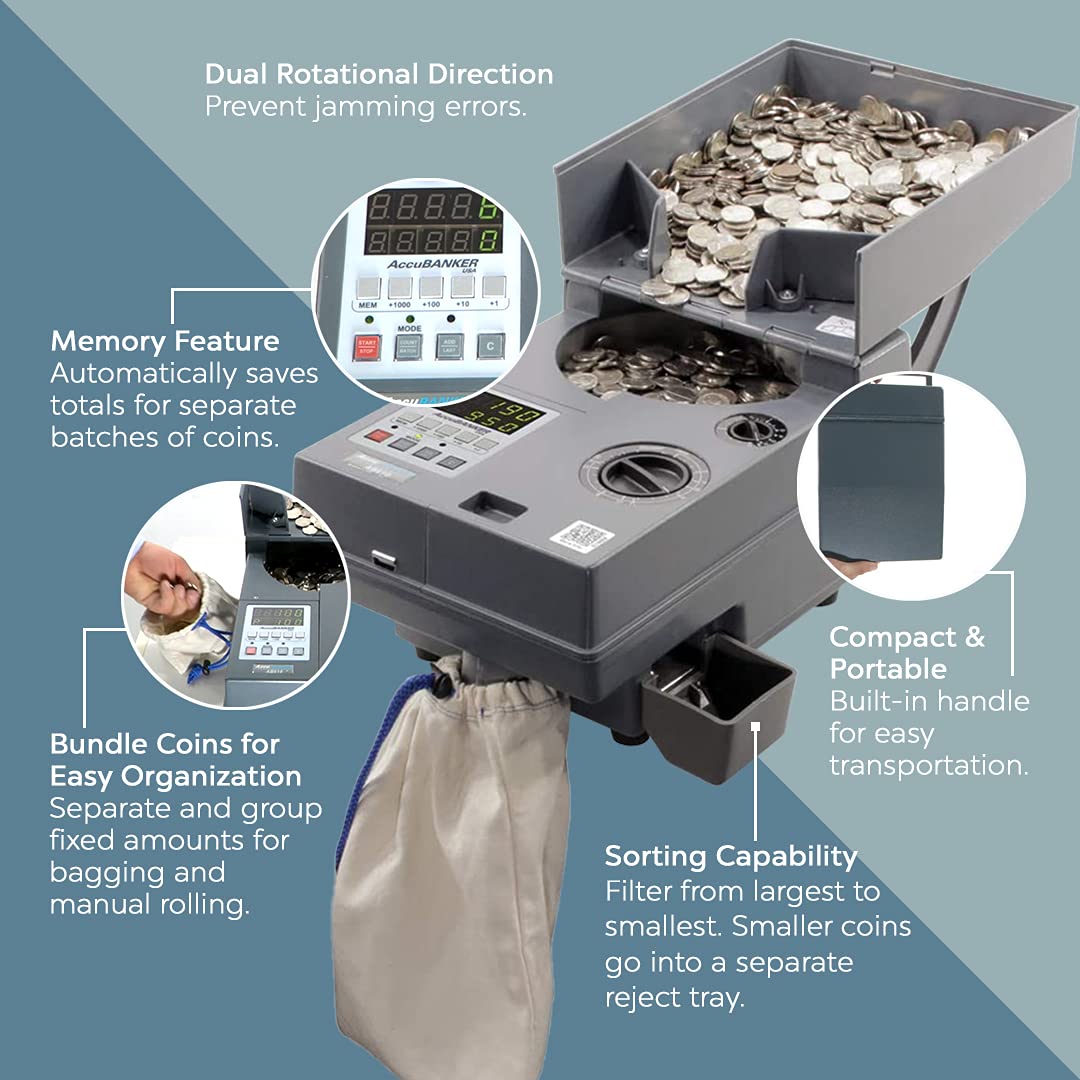AccuBANKER AB610 USD Coin Counter, Token Counter, International Coins Counter, Speeds of 2,000 Coins/Min, Hopper Capacity 4000 Coins