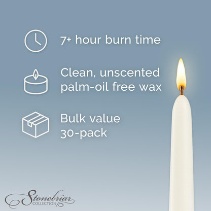 Stonebriar Tall 10" White Unscented 30 Count Taper Candles, 7 Hour Burn Time
