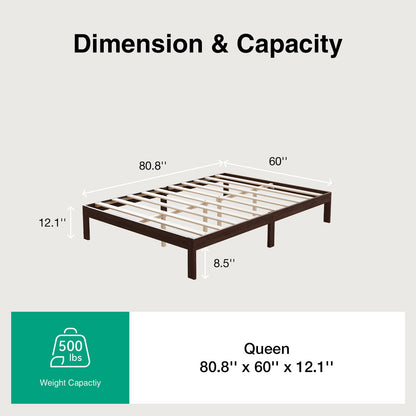 Novilla 12 Inch Wooden Queen Bed Frame, Classic Solid Wood Platform Bed Frame Queen Size, Sturdy Wood Slat Support, No Box Spring Needed, Easy Assembly, Walnut