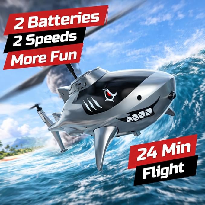 DEERC Remote Control Helicopter for Kids and Adults RC Shark Helicopter with Altitude Hold One Key Takeoff/Landing LED Lights 2 Batteries 24 Min Flight Time Indoor Flying Toy Gift