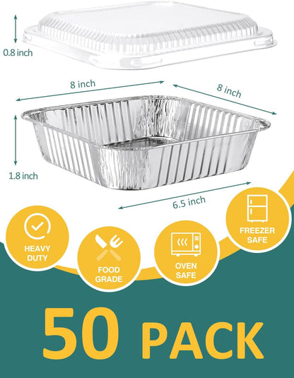 NEEBAKE 50 Pack 8x8 Aluminum Pans with Lids - Disposable Foil Baking Containers for Cakes & Bread
