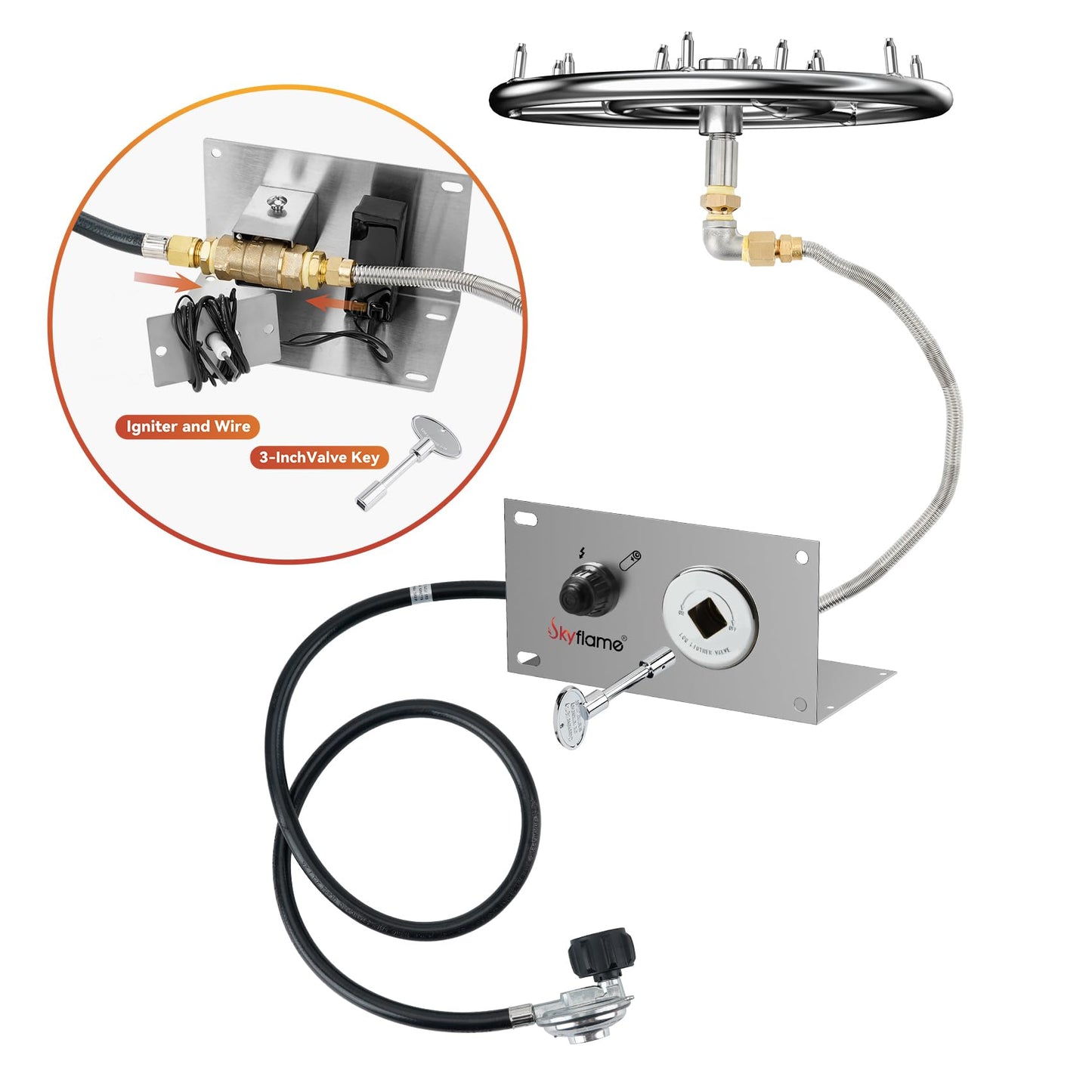 Skyflame Jet Burner Ring Kit, 12" Round Fire Pit Burner with Propane Connection Hose and Ignition Kit for Indoor/Outdoor Fire Pit Fireplace DIY Accessories
