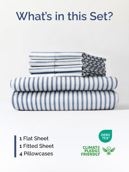 Skiennix Extra Deep King Sheet Set - 6-Piece Breathable Cooling Bedding - Soft, Wrinkle-Free Blue Stripes
