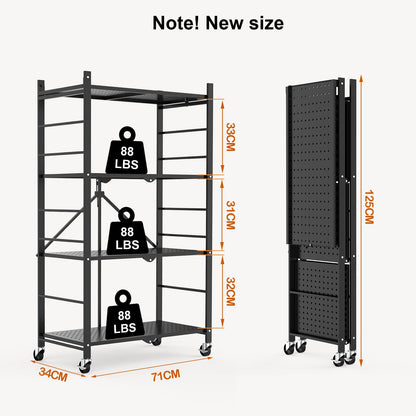 Himix Storage Shelves with Hooks, Foldable Metal Shelving Unit on Wheels, No Assembly Collapsible Shelves for Storage, Holds 264 Ibs Storage Rack for Kitchen Garage Pantry Room Organization