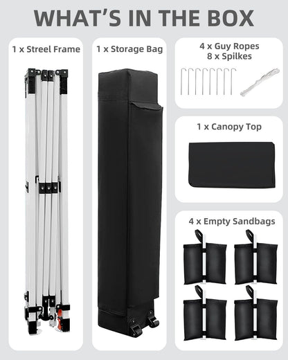 GarveeLife 10x10 Pop Up Canopy with One Button Push Setup - Heavy Duty Outdoor Canopy Tent with Portable Roller Bag - 3 Adjustable Height, 4 Weight Bags, 8 Stakes & 4 Guy Ropes Included, Black