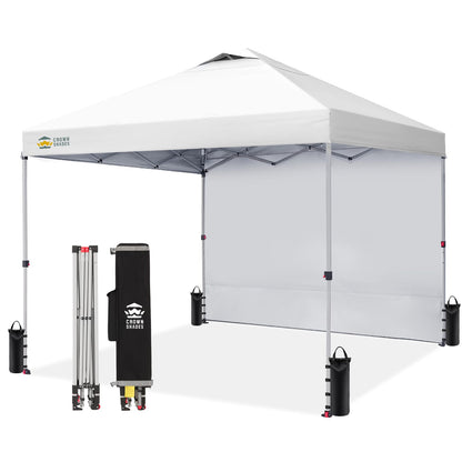 CROWN SHADES Pop Up Canopy with 1 Side Wall - Beach Tent with One Push Setup - Outdoor Sun Shade for Events, Parties, Camping - Gazebo with STO-N-Go Cover Bag, Grid White, 12x12FT
