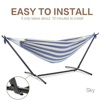 PNAEUT Double Hammocks with Stand for Outside, Portable Space Saving Heavy-Duty Steel Stand for Indoor Outdoor Patio with Carrying Bag, 450 lbs Capacity (Sky)