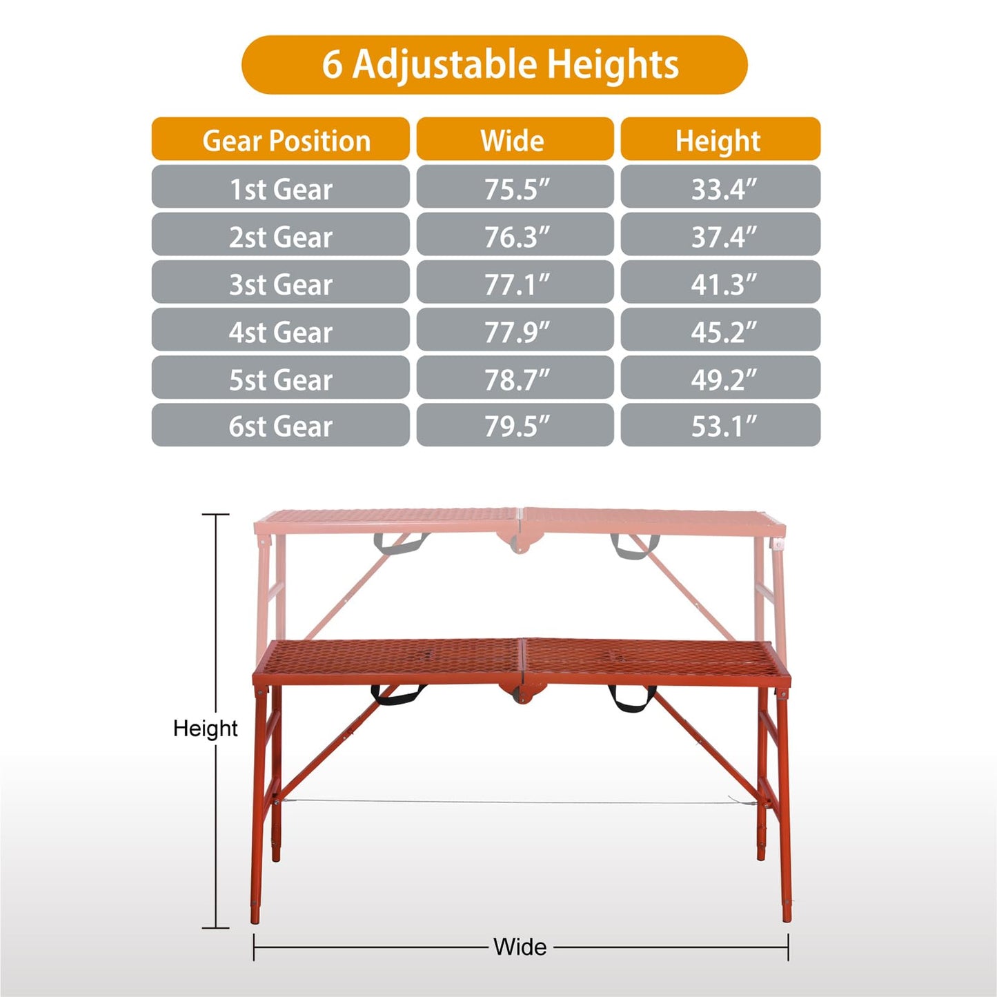 LEADALLWAY Scaffolding Platform 770 Lbs Capacity 70(L) x15(W) x33(H) Folding Adjustable Portable Work Platform Ladder,Red