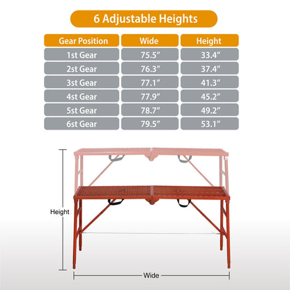 LEADALLWAY Scaffolding Platform 770 Lbs Capacity 70(L) x15(W) x33(H) Folding Adjustable Portable Work Platform Ladder,Red
