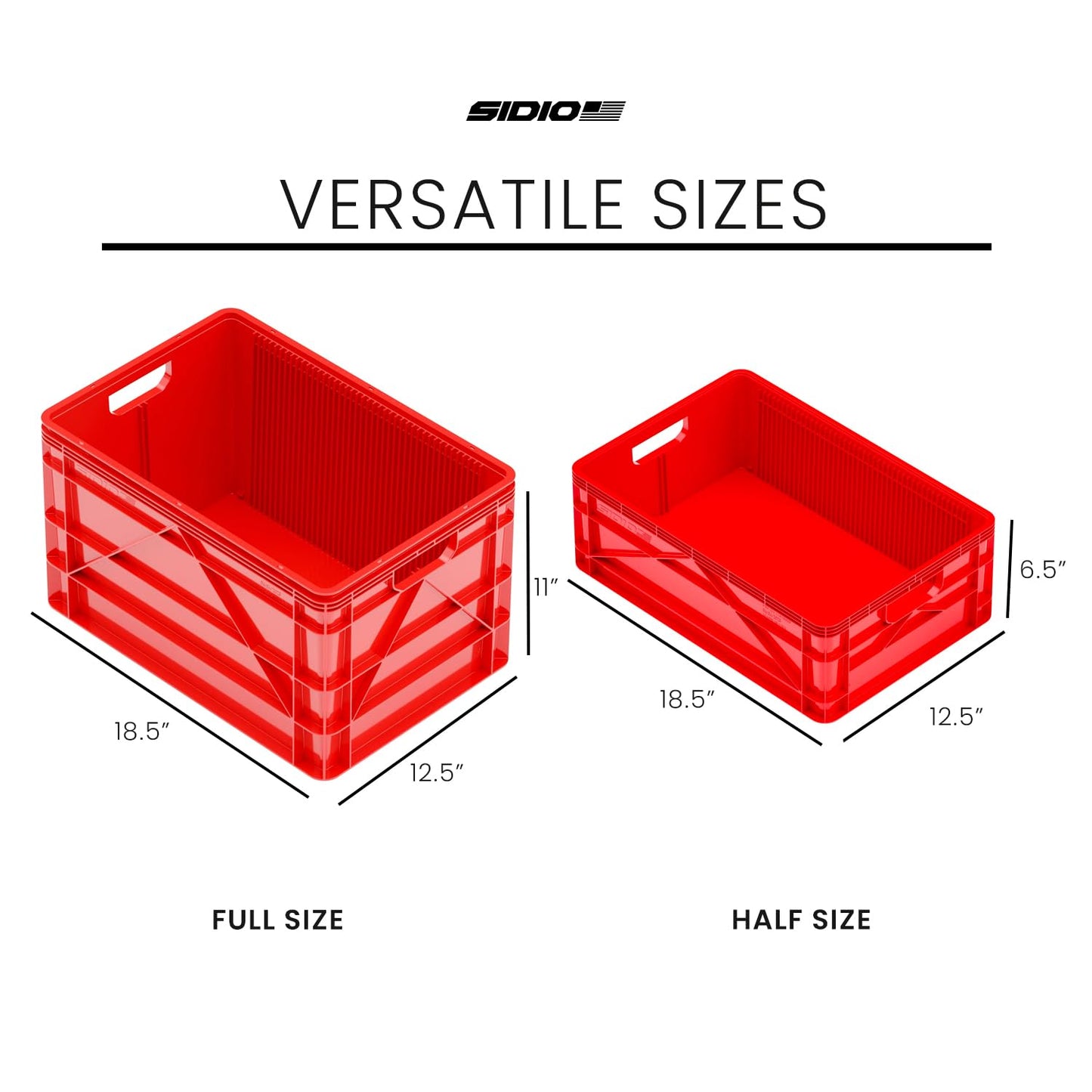 SIDIO Crate Basic Pack - 2 Full-Size & 1 Half-Size Heavy Duty Stackable Storage Bins, Totes and Containers with Dividers - Durable Plastic Organizer for Home, Office, Garage, and Outdoor Use