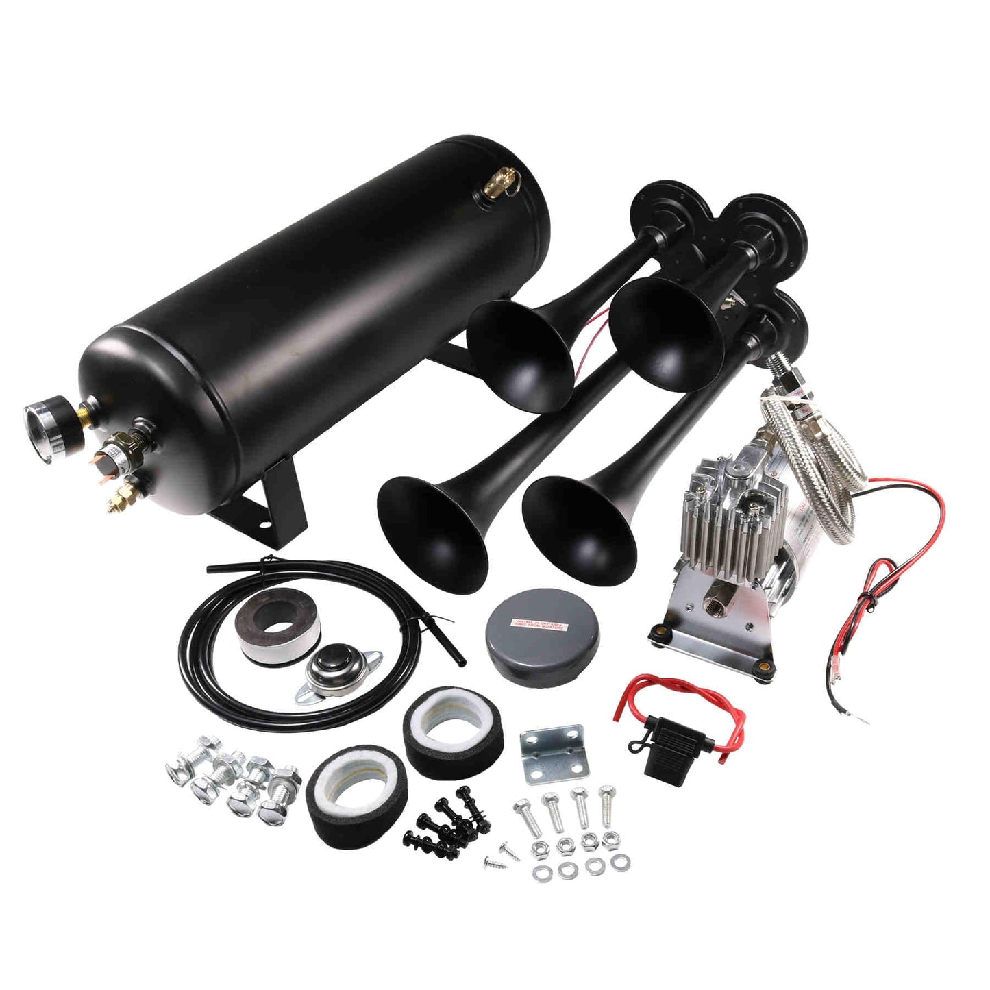 12V 4 Trumpets Train Horn Kit 150psi Complete Onboard System 150psi Air Compressor 1.5 Gallon Air Tank 4 Trumpets Fits Any Vehicle Truck Car Semi Pickup Replacement for Jeep RV SUV Super Loud dB
