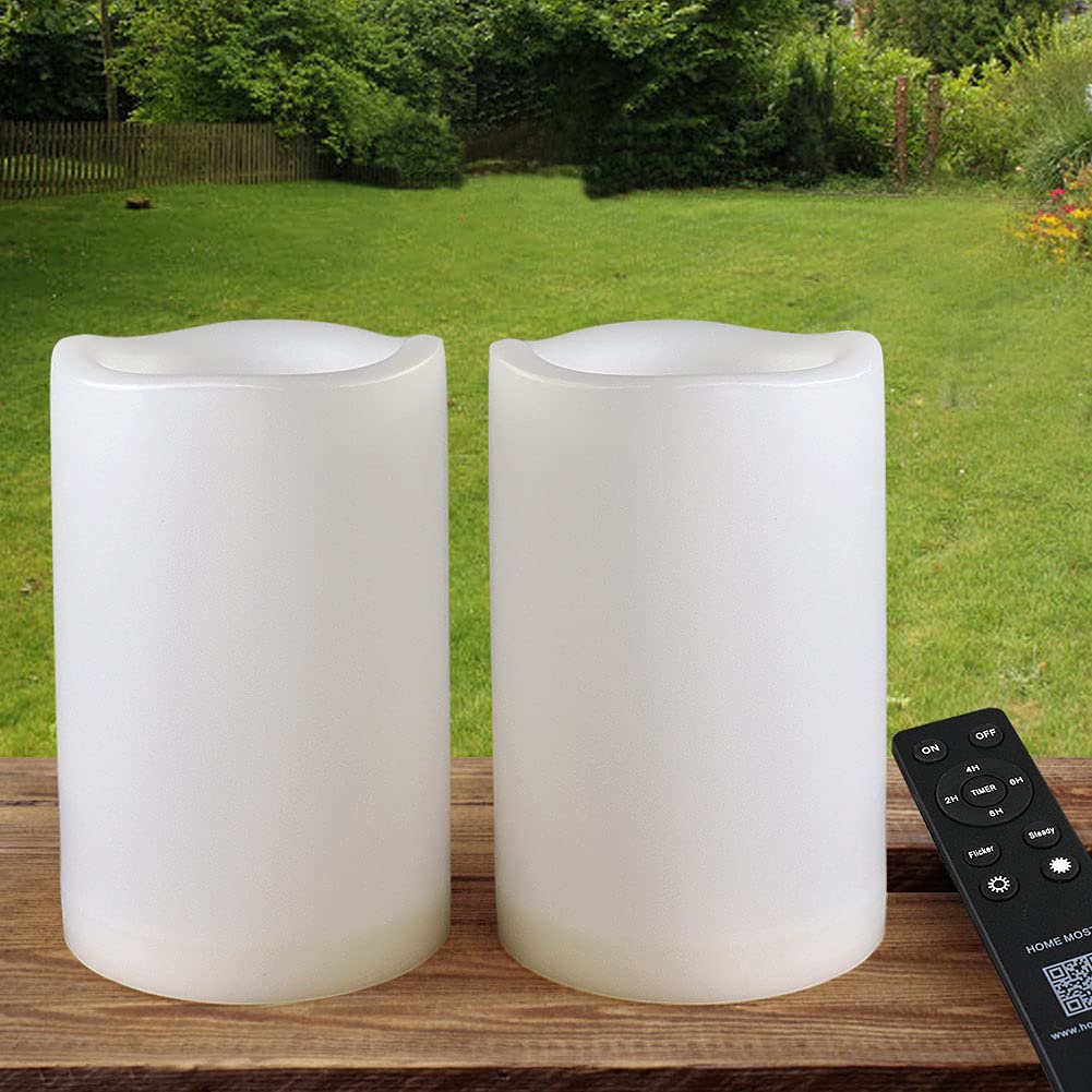 HOME MOST Pack of 2 White 4x6 LED Pillar Candles Outdoor IP65 Waterproof - Large Pillar Candles Battery Powered with Timer and Remote - Battery Operated Unscented Outdoor Flameless Candles Flickering