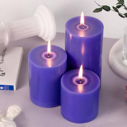 KONNI Violet Pillar Candles Set of 3, 3"x 6" Unscented Pillar Candles Bulk, 56 Hours Long Burning Candles, Smokeless and Dripless Large Round Candle for Wedding, Home Decoration, Parties, Spas, Dinner