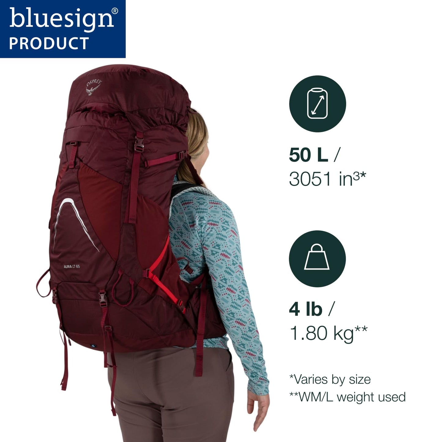 Osprey Aura AG LT 50L Women's Backpacking Backpack, Koseret/Darjeeling Spring Green, WM/L