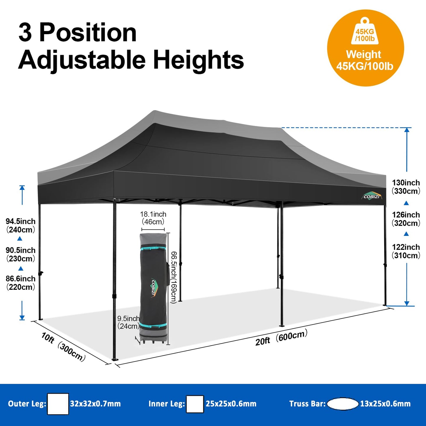 COBIZI 10x20 Pop up Canopy Tent 10x20 Canopy with 6 Sidewalls Waterproof Heavy Duty Commercial Canopy Tent for Parties Outdoor Garden Gazebo, Carry Bag with Wheel(10x20ft,Space Black)