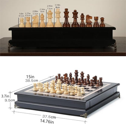 15 Wooden Chess Set Large Size Board Built-in Storage Drawer - 2 Extra Queens - Wooden Chess Pieces - Gift wrap Adult and Children's Board Games