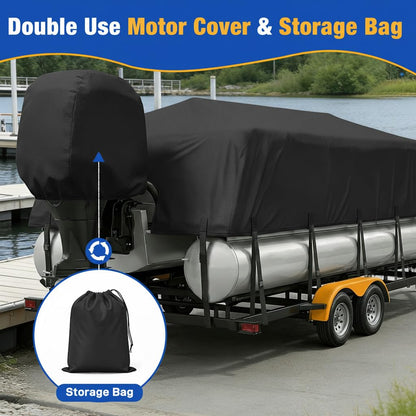 YimSting Pontoon Boat Cover 24-27 ft, 1200D Heavy Duty Waterproof Pontoon Cover with 18 Straps, Elastic Hem & Motor Cover, Fits 24 ft 25 ft 26 ft 27 ft Pontoon Boats Up to 8.5 ft Beam, Black