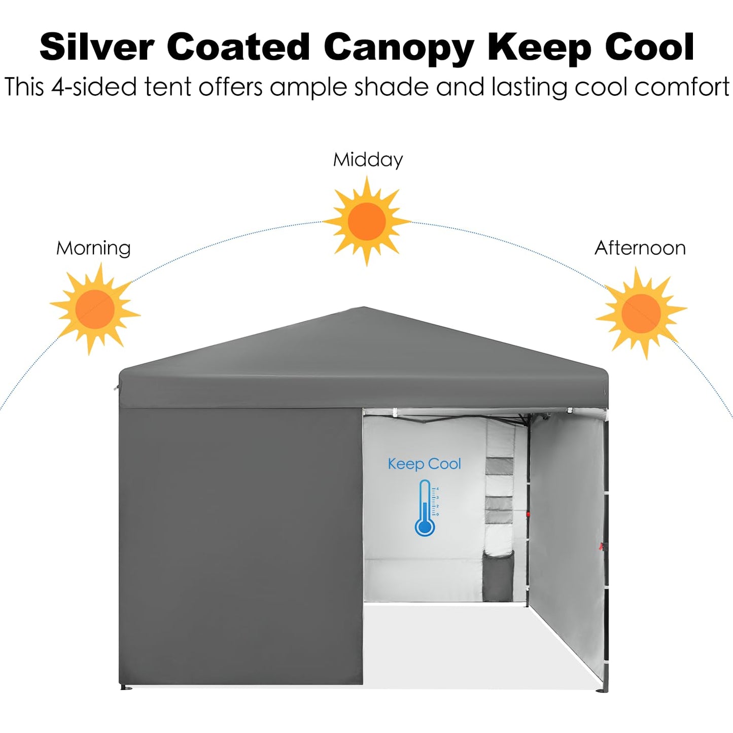 GAFETE 10X10 Comercial Instant Pop Up Canopy Tent with 4 Sidewalls, One Push Setup Center Lock, Portable Sun Shade Shelter for Beach Patio Outdoor Events, Case, 8 Stakes, 4 Ropes, 4 Sandbags (Gray)