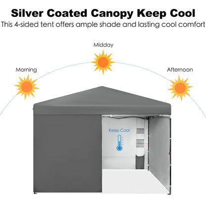 GAFETE 10X10 Comercial Instant Pop Up Canopy Tent with 4 Sidewalls, One Push Setup Center Lock, Portable Sun Shade Shelter for Beach Patio Outdoor Events, Case, 8 Stakes, 4 Ropes, 4 Sandbags (Gray)