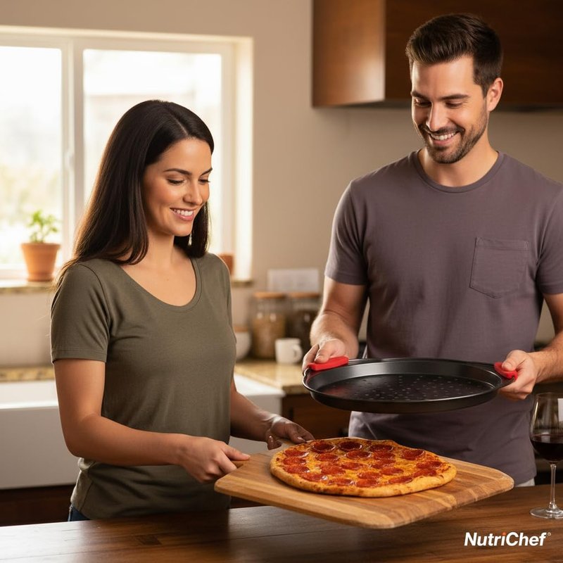 NutriChef 2-Piece 13-Inch Nonstick Pizza Tray, Round Carbon Steel Non-Stick Pizza Pan with Perforated Holes, Premium Bakeware Pizza Screen with Silicone Grip Handles, Dishwasher Safe, NCBPIZX2