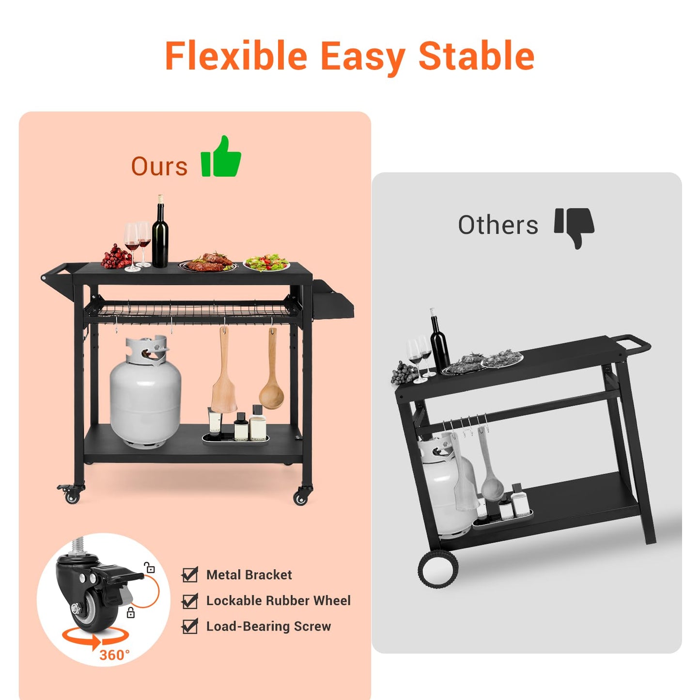 GAOMON 3-Shelf Outdoor Grill Table with Mesh Shelf, Rolling Grill Cart with Wheels, Pizza Oven & Food Prep Table, Blackstone Griddle Stand with Propane Tank Hook for Outside BBQ