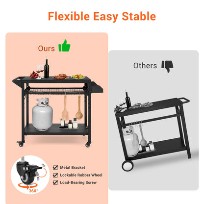 GAOMON 3-Shelf Outdoor Grill Table with Mesh Shelf, Rolling Grill Cart with Wheels, Pizza Oven & Food Prep Table, Blackstone Griddle Stand with Propane Tank Hook for Outside BBQ