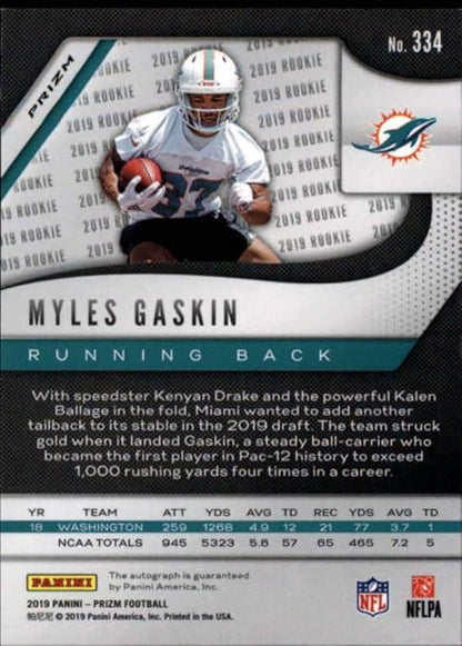 2019 Panini Prizm Neon Green Rookie Autograph #334 Myles Gaskin RC AUTO Miami Dolphins NFL Football Trading Card