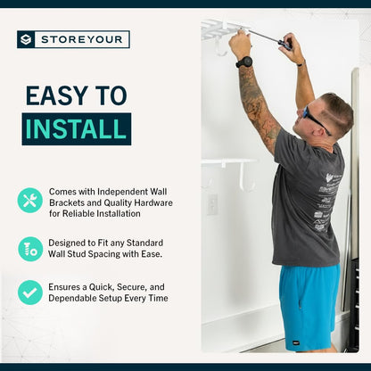 StoreYourBoard Garage Shelving Wall Mounted | 1x4 Heavy Duty Garage Wall Shelves 2-Pack, 12” Deep x 46.5” Long | Steel Wall Shelf Garage Storage Rack with Hooks, 200 lb Each / 400 lb Total, White