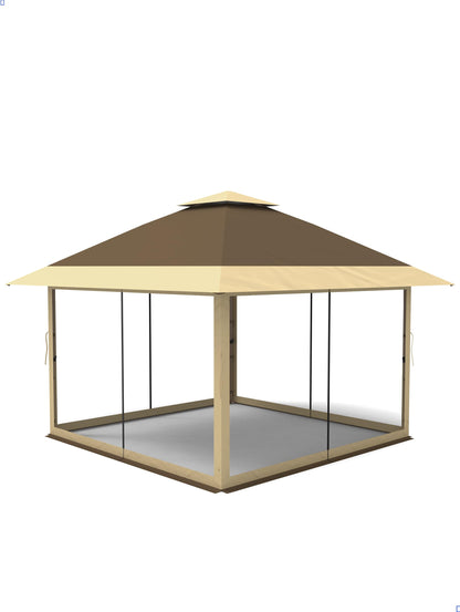 KYBOLT 12x12 Pop Up Gazebo Instant Canopy Tent with Netting 4 Stanbags Outdoor Shelter for Lawn, Garden, Backyard, Deck (Khaki + Dark Khaki)