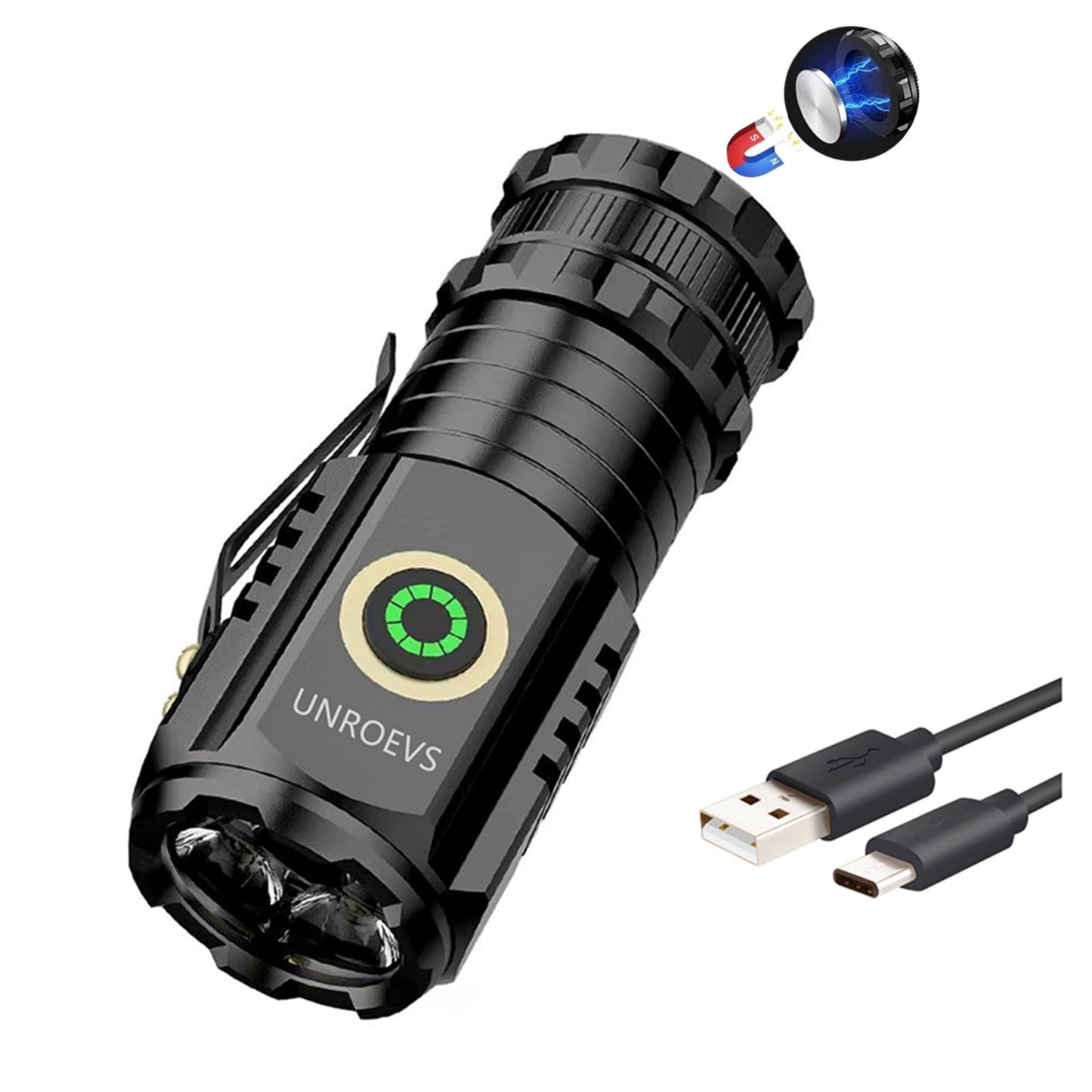 UNROEVS Mini LED Flashlight Rechargeable USB C Charging, Small Flashlights Powerful Max 2550 Lumens with 5 Light Modes, Pocket Light with Clip, Magnetic Flash Lightfor EDC,Camping, Hiking,Emergency