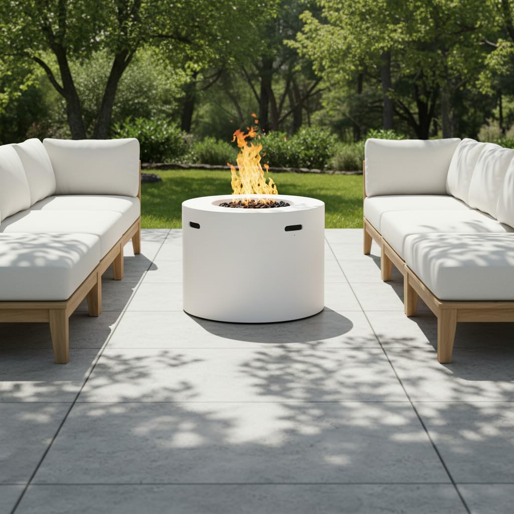 Christopher Knight Home Hiro Outdoor Propane Fire Pit Table with Lava Rock, No Assembly MGO Tank Table for Patio/Deck, 40000 BTU, Round Tabletop Fire Pit Outdoor, Patio Fire Table, White