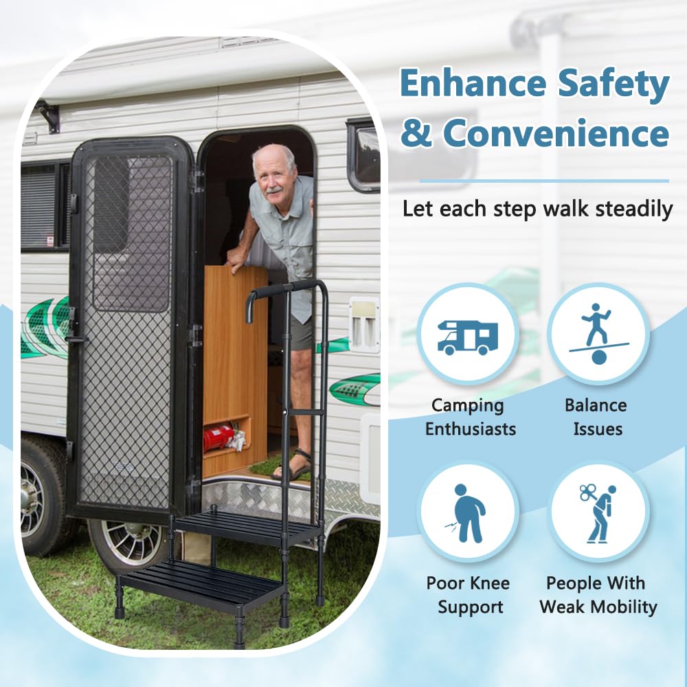 RV Steps with handrails 2 Steps Mobile Home Stairs Steps Outdoor Hot tub Steps with Two handrails Height Adjustable Step Stool Portable Stairs for 5th Wheel RV, Motor Home, Travel Trailer, Camper