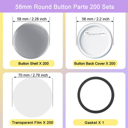 200 Sets 2.25 inch / 58mm Button Maker Supplies, Buttons Supplies for Custom Buttons & Badges, Metal Covers, Plastic Backs& Clear Film for Button Maker Machine, Badge Button Press