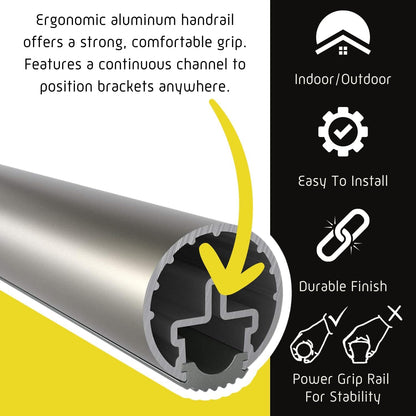 Promenaid - 1.5ft Flush Handrail Kit Sliver Finish Complete Indoor/Outdoor Handrail for Stairs with ADA Wall Return Kit Flush Endcap Replacement